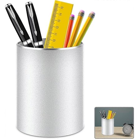 Penneholder Sølv, Rundt Opbevaringsbord i Aluminium Metal til Kontor, Skole, Hjem og Børn, Skridsikker Silikonebase