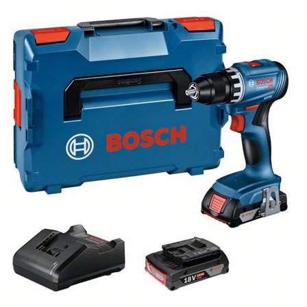 Bosch GSR 18V-45 Skrutrekker med veske, 2,0 Ah-batterier og ladere, Maskiner