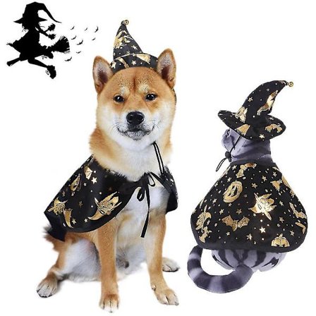 Pet Halloween Costume Cape, Pet Halloween Cape Hat Kit, Halloween Dog Cape med häxhatt, 1 set-svart
