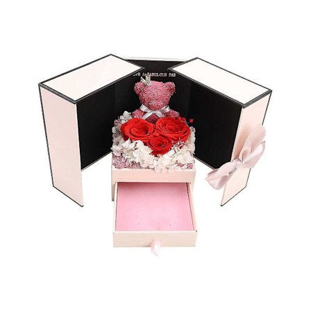 Morsdags-bjørn med tre evighetsblomster gaveeske Bursdagsgave Valentinsdag Jul