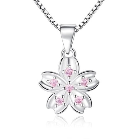 Flower necklace - silver color with pink rhinestone