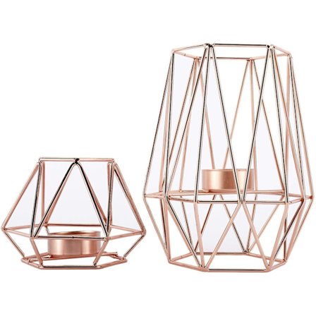 Metal Wire Iron Tealight Candle Holders For Tables Decor Living Room Bathroom Decorations Gold Geometric Shape Holders Set Of 2 (rose Gold)