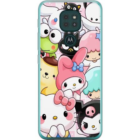 Kompatibelt Mobildeksel til Motorola Moto G9 Play Tett mønster av søte figurer med store øyne i ulike farger og uttrykk med LABUBU-tekst