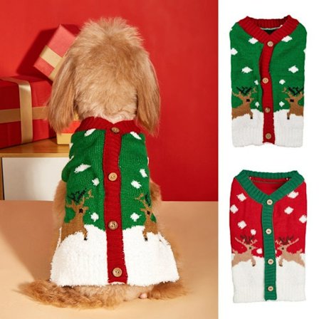Strikket kæledyrstøj, klassisk rød og grøn julecardigan med dobbelt hjorte- og snefnugmønster, Bichon Frise/Puddel sweater.