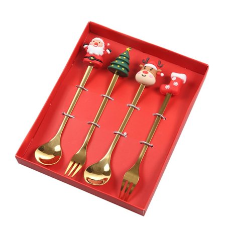 Christmas Gift Set of 4 Cutlery (2 Spoons and 2 Forks with Christmas Decorations), Stainless Steel, Golden Mirror Finish