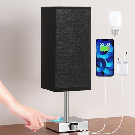 Sengsidelamper, Touch Control Bordlampe med USB A+C Opladningsport, til Soveværelse Stue Grå Stofskærm (LED-pære Inkluderet)