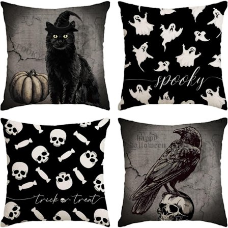 Set med 4 Halloween Dekorativa Kuddfodral 18x18 Tum Svart Katt Spöke Kråka Pumpa