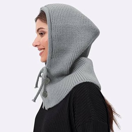 Varm Strikket Hue Dame Vinter Balaclava Øre Nakke Halstørklæde Grå Kompatibel med Ski Skøjteløb Koldt Vejr Trendy