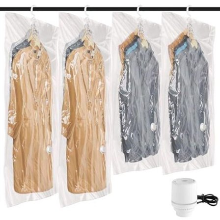 Vakuumförvaringspåsar 4-pack med elektrisk pump Hängande klädförvaring Transparent Återanvändbar för garderober Kompatibel med vakuumförseglare