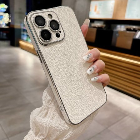 Fodral för iPhone 14 Pro med linsskydd "lychee grain white" elektropläterad silverkant Pebbled lädertextur lins silverpläterad Full-Body