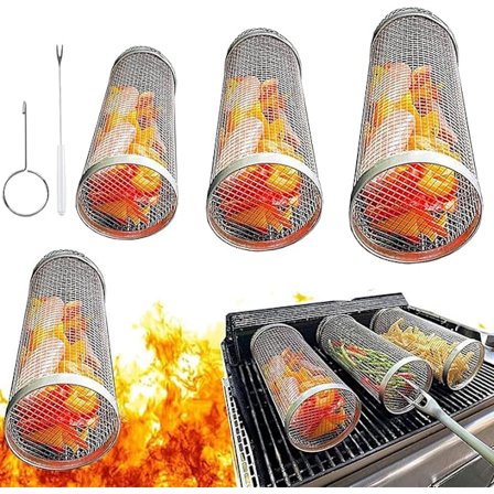 3 kpl pyörivä grillauskori, ruostumattomasta teräksestä valmistettu grillausverkko, grillaustarvikkeet ulkogrillaukseen, ulkoiluun, retkeilyyn ja 