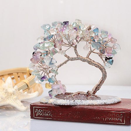 Håndlaget farget krystallpengetre for lykke, rikdom og helse, figur Bonsai på naturlig agatskive