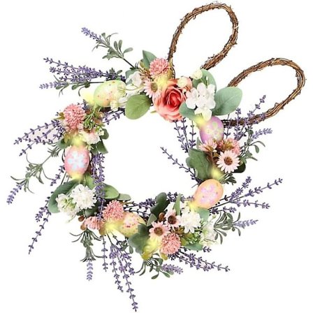 Kunstig påskekrans med kanin, egg og blomster, dørkrans med lys, påskekaninkrans, rottingkrans for vår, veggdekorasjon for vindu, vegg, hjem, fest