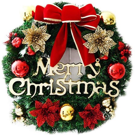 Suuri punainen kultainen rusetti joulukranssi, keinotekoinen kranssi porolla ja värillisillä palloilla koristeluun oveen seinään ikkunaan, pörröinen 