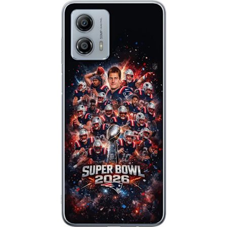 Yhteensopiva Puhelinkuori Motorola Moto G53 Super Bowl 2026 juliste, jossa New England Patriots ja NFL-mestaruuspalkinto räjähtävän urheilullisessa su