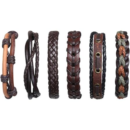 Lær Armbånd, 6 stk Justerbare Mote Punk Flettet Menn & Kvinner Tau Armbånd Mansjett Vintage Armbånd Wrap Set Serie #1 Black Punk