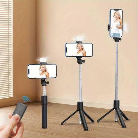 360 asteen pyörivä selfie-keppi jalustalla, puhelimen vakaajalla ja täyttövalolla - langaton, paristokäyttöinen, kannettava työkalu ulkoilmamatkoille,