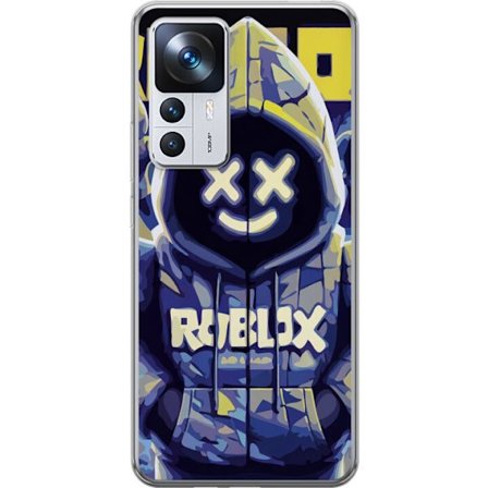 Kompatibelt Mobildeksel til Xiaomi Xiaomi 12T Blågul Roblox hettegenserfigur med minimalistisk neonstil og masket ansikt, moderne spillillustrasjon f