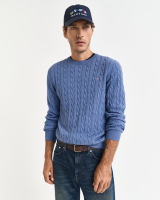 GANT - Kabelstrikket genser i bomull med rund hals til herre denim blue melange