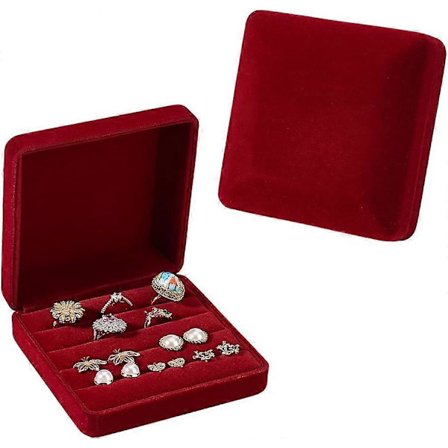2 stk. mørkerøde fløjlsringe opbevaringsæsker 12,2 x 12,2 x 4,3 cm fløjlsringe organizerboks 4 rum bærbar ringe smykkeholder etui ringe 