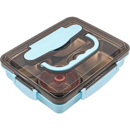 304 Rustfrit Stål Bento Box Bestik Spisepinde Ske, Lækagesikker 2000ml 4 rum Skål, Blå farve