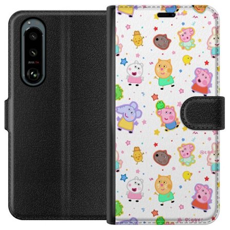 Yhteensopiva Lompakkokotelo Sony Xperia 5 III Värikkäät piirretyt eläinhahmot leikkisässä tyylissä tähtien ja pisteiden kera vaalealla taustalla