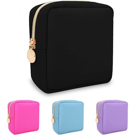 Liten sminkväska i nylon, liten svart kosmetikväska med dragkedja för kvinnor och flickor