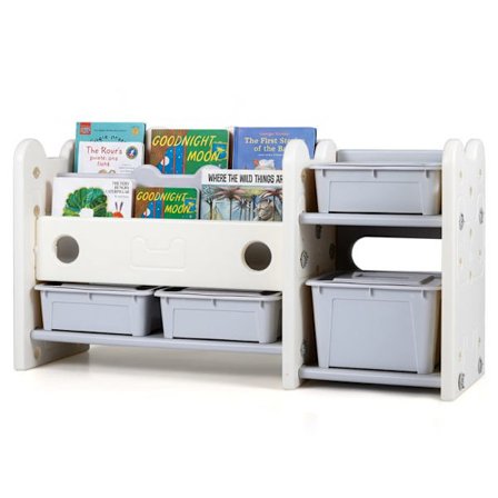 COSTWAY 2 i 1 Børnebibliotek med 2 Niveauer og Kattemotiv 114 x 36,5 x 63 cm med 4 Opbevaringskasser og 3 Hylder