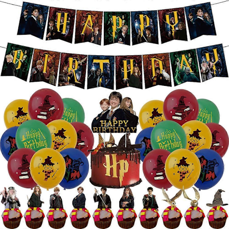 Harry Potter Födelsedag Dekorationssats Innehåller Grattis På Födelsedagen Banderoll Ballonger Kit Tårta Cupcake Toppers, Magic Wizard Party Supplies 