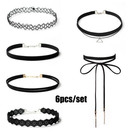 6st/ set Sexig flerlagers ihålig spets Flower Choker Halsband Svart sammet Legering Trianglar hänge as show
