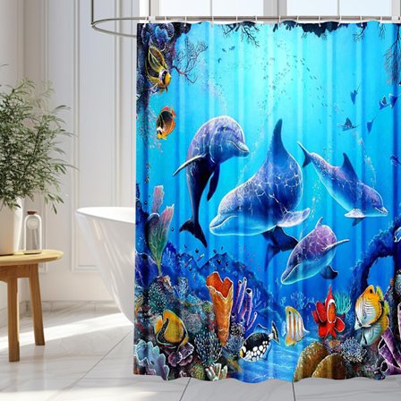 Duschdraperi 180 x 200 cm, vattentätt duschdraperi, blå delfin duschdraperi, polyester badrumsdraperi, tvättbar badrumsbadgardin-FA6-