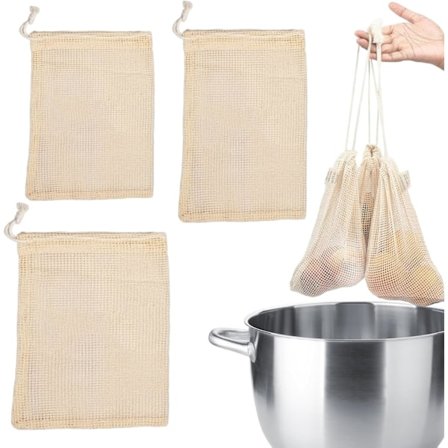 3 stk. Genanvendelige Madlavningsposer, 30 x 25 cm, 30 x 25 cm og 25 x 20 cm Bønneposer, Mesh Ostelærred Bomuldspose til Kogte Kikærter, Supper, 