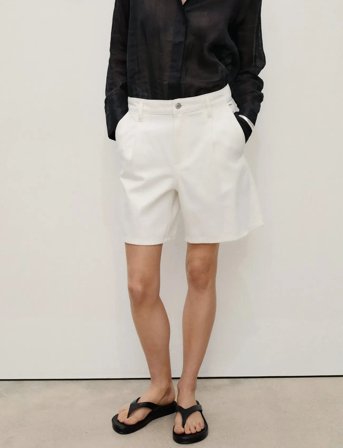 Mango Mid-Rise Denim Bermuda Shorts With Pleats - White - 44