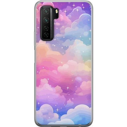 Kompatibelt Mobildeksel til Huawei P40 lite 5G Søt enhjørning med regnbuefarget hår mot en stjernebelagt pastellbakgrunn i kawaii-stil