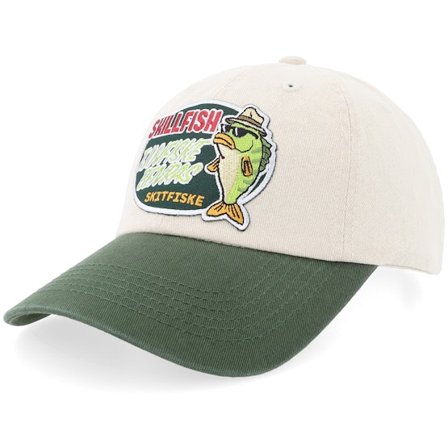 Skillfish - Beige Unconstructed Cap - Tjuvfiske Stone Washed Stone/Dark Green Dad Cap @ Hatstore