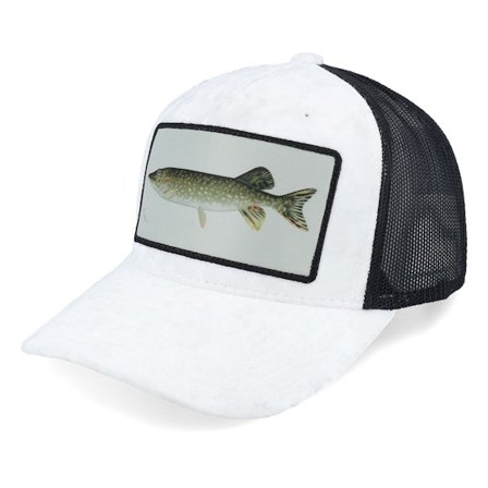 Skillfish - White trucker Caps - Pike Fishing Velvet White/Black Trucker @ Hatstore