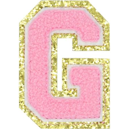 Engelsk bokstav G strykejern på reparasjonslapper alfabet sy applikasjoner klær merker, med gull glitterkant, selvklebende bakside klistremerke(Rosa G