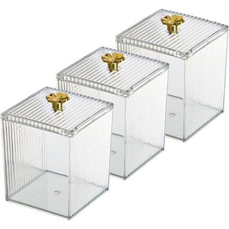 3-pakning Q-tips Holder, Apotekerglass i plast med lokk - Baderomsinnredning for bomullsdotter, pads og tanntråd, Klar oppbevaring Co