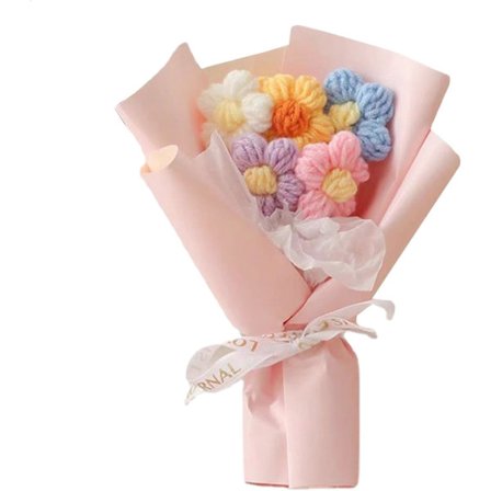 Strikket Puf Blomsterbuket - Håndlavede Mini Hæklede Blomster til Dimissionsgaver, Boligindretning (Pink)