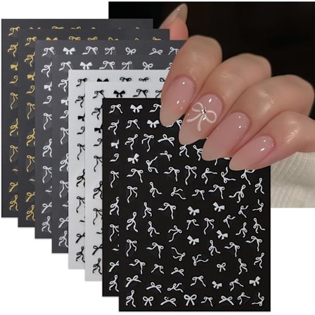 8 ark Färgglada Rosett Nagelkonst Klistermärken 3D Självhäftande Svart Vit Guld Silver Mini Rosett Nageldekaler Söta Rosett-Knutar Klistermärken