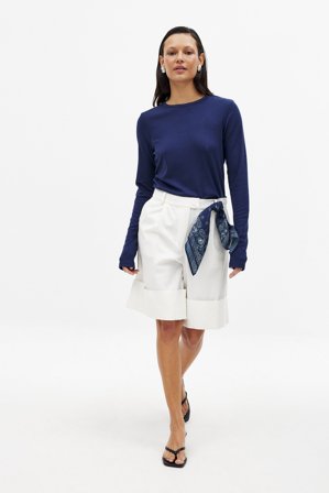 NA-KD Hropped côtelé à encolure ronde et manches longues - Top basique - Bleu Marine - L (EU 42-44)
