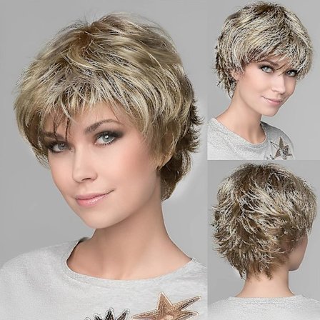 Ihmishiusta muistuttava vaalea sekoitettu luonnonvalkoinen lyhyt pixie-leikkaus peruukki naisille otsatukalla, synteettinen korvaava peruukki