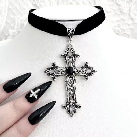 Vintage Gothic Large Cross Velvet Choker Utsmyckad Cross Black Vel