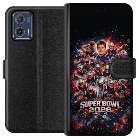 Yhteensopiva Lompakkokotelo Motorola Moto G73 Super Bowl 2026 juliste, jossa New England Patriots ja NFL-mestaruuspalkinto räjähtävän urheilullisessa