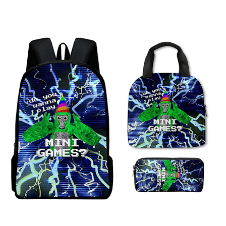 3Pcs Set Gorilla Tag 3D Ryggsekk Lunsjpose Pennal Barn Skolebok Ryggsekk Gave A