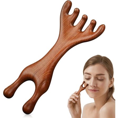 Manuell Hårbottenmassager - Sandelträ Massagerverktyg för Hårbotten, Ögon, Ansikte, Hals, Axlar - Femklosmassagekam, Gua Sha Kam