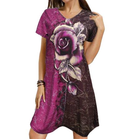 Print Klänning Kvinnor V-ringad Kortärmad Lös Sommar Knä-
