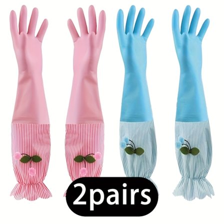 Lange Termiske Vinterhandsker - Foret med Velour, Vandtætte & Skridsikre - Pink & Blå Stribede med Kirsebærpynt - Perfekte til Rengøring