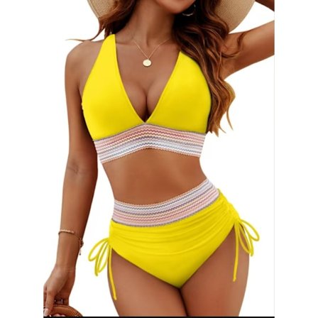 Høy midje bikini sett med magekontroll og fargeblokkdesign todelt snøredrakt