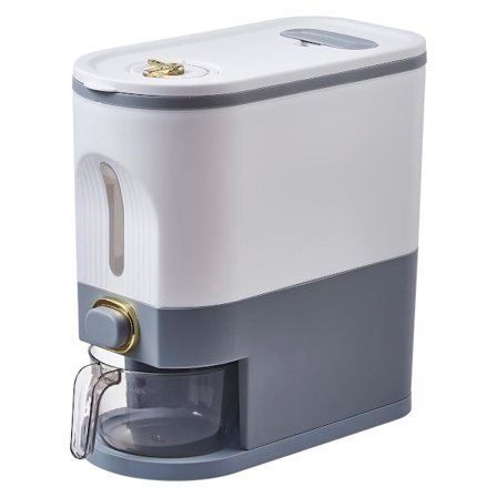 Ilmatiivis riisin säilytysastia, suuri keittiön vilja-annostelija painonappimekanismilla ja mittakupilla kuivaruokien järjestämiseen